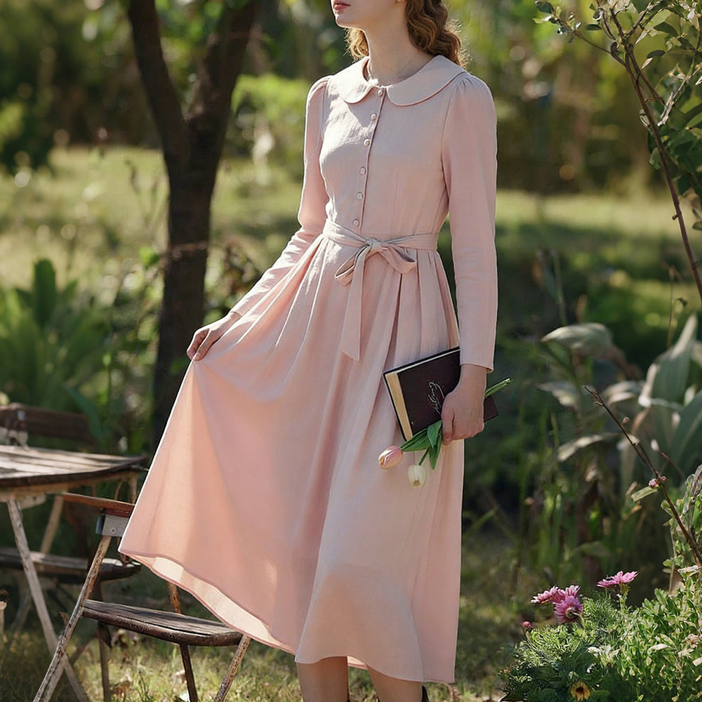 Comstylish Classic Elegant Peter Pan Collar Linen Maxi Dress