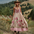 Love & Health Collection Retro Western Women Style Vintage Pink Striped And Floral Patchwork Art Linen Suspender Dress elevenforest