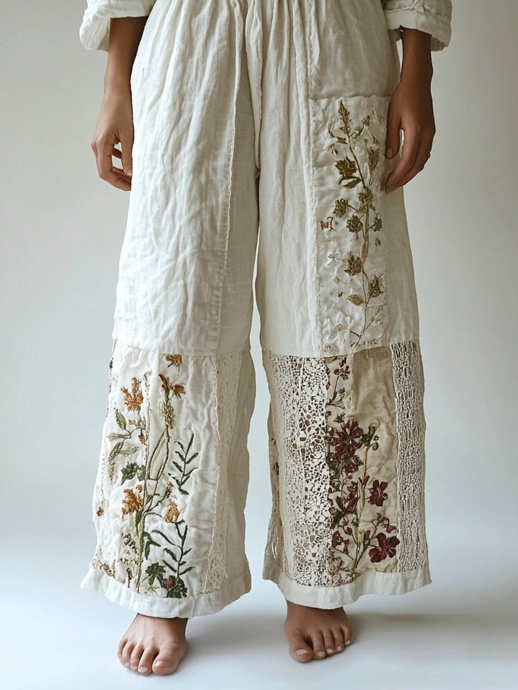 Floral Embroidery Lace Patchwork Women's Linen Pants elevenforest