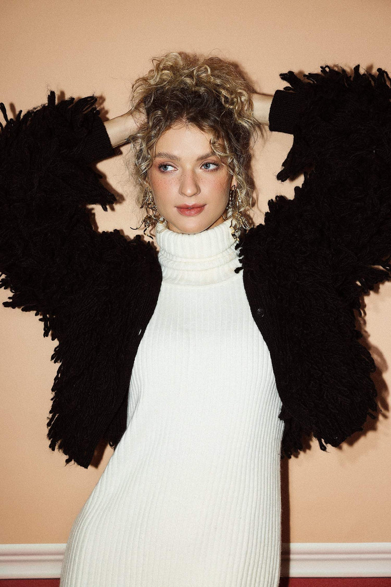 Long Sleeve V-neck Fringe Wool Cardigan Black