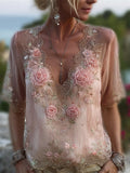 Boho Roses Embroidered Hollow Lace Flowy Linen Tunic elevenforest