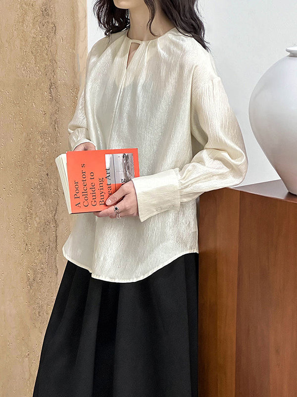 Long Sleeves Loose Hollow Shiny Color Round-neck Blouses&shirts Tops
