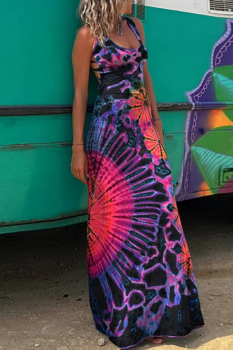 Print Backless U Neck Vest Dress Dresses