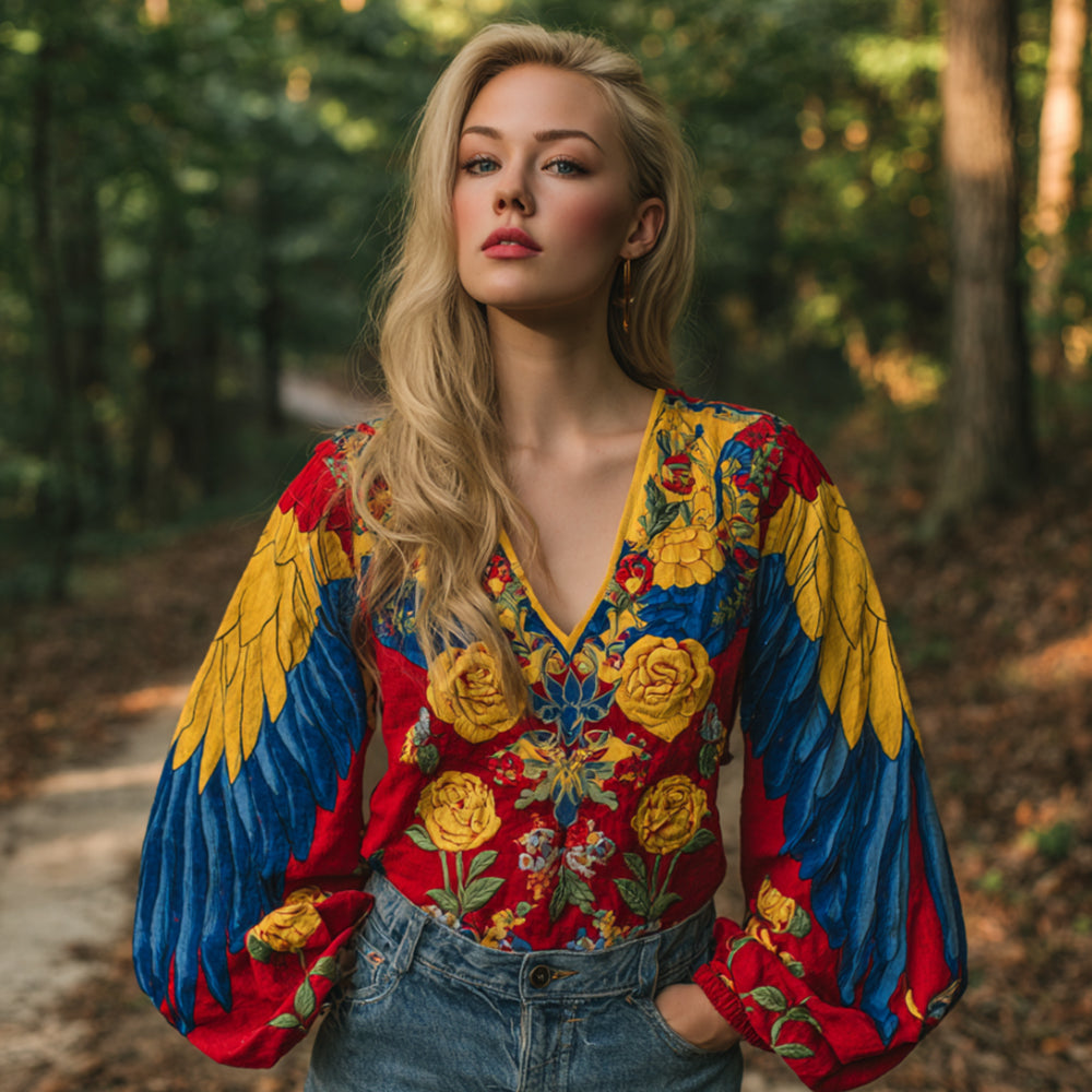 Venezuelan Parrot Art V-neck Cotton And Linen Top elevenforest