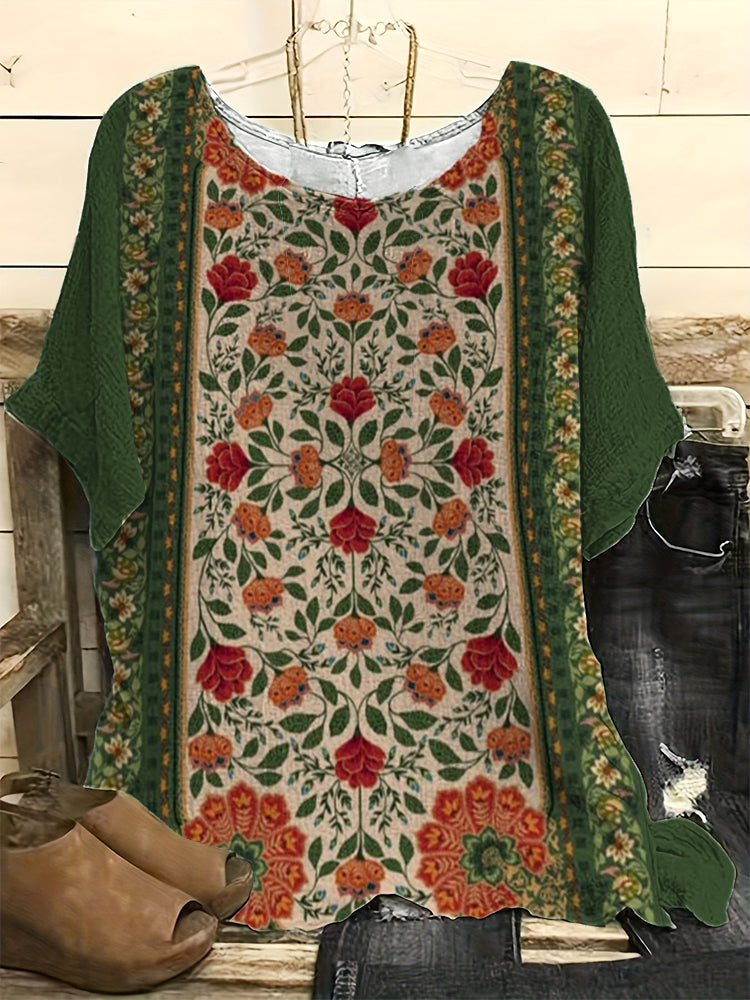 Comstylish Vintage  Floral  Print Casual Linen Blend Shirt