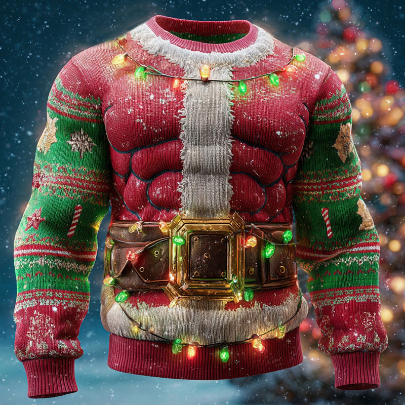 Comstylish Men's Santa Claus Muscle Light Lollipop Pattern Ugly Sweater
