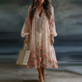 Women's Retro Floral Art Flowy Linen Blend Casual Long Sleeve Maxi Dress elevenforest