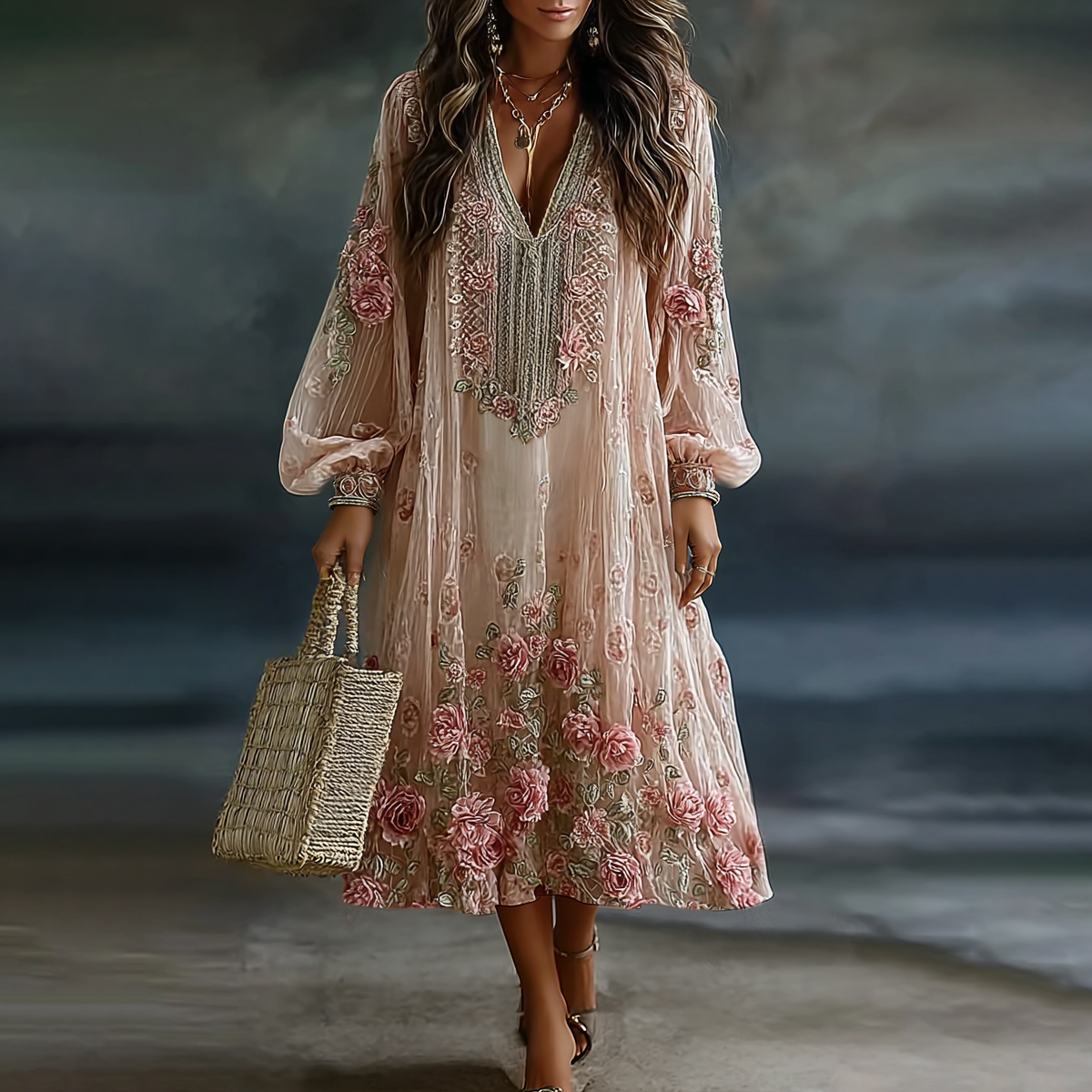 Women's Retro Floral Art Flowy Linen Blend Casual Long Sleeve Maxi Dress elevenforest