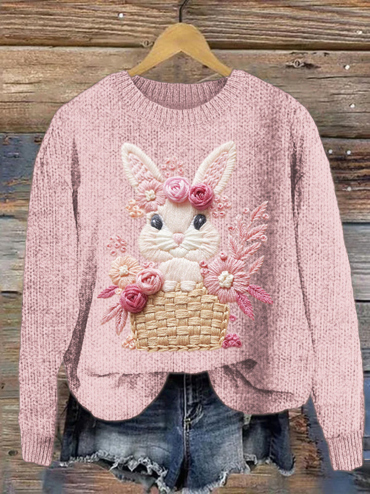 Embroidered Rabbit Women's Crew Neck Sweater artswardrobe