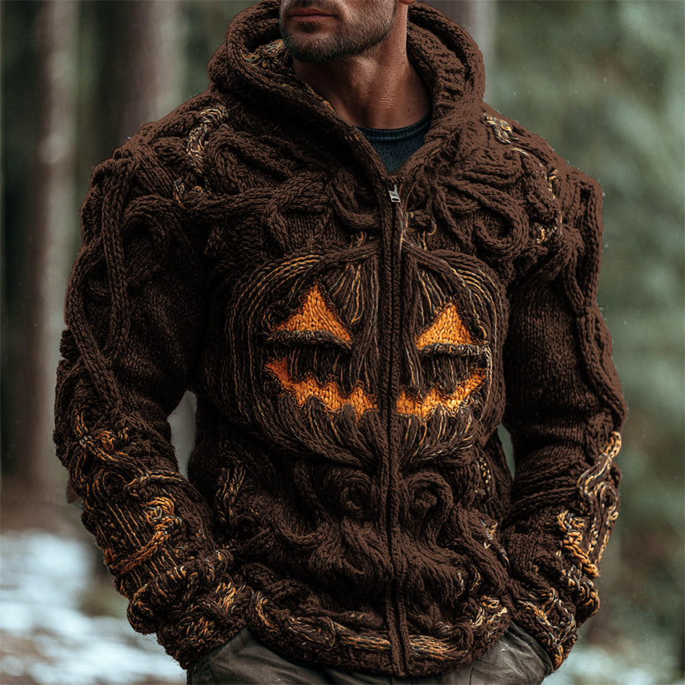 Halloween Pumpkin Emoji Men's Chunky Knit Full Zip Hooded Sweater elevenforest