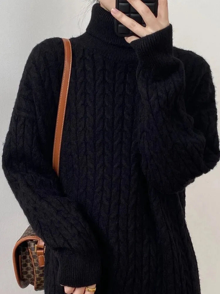 Taruxy Knitted Long Dress Loose Long Sleeve Turtleneck Pullover Femme Retro Warm Sweater Knitwear Cover Up