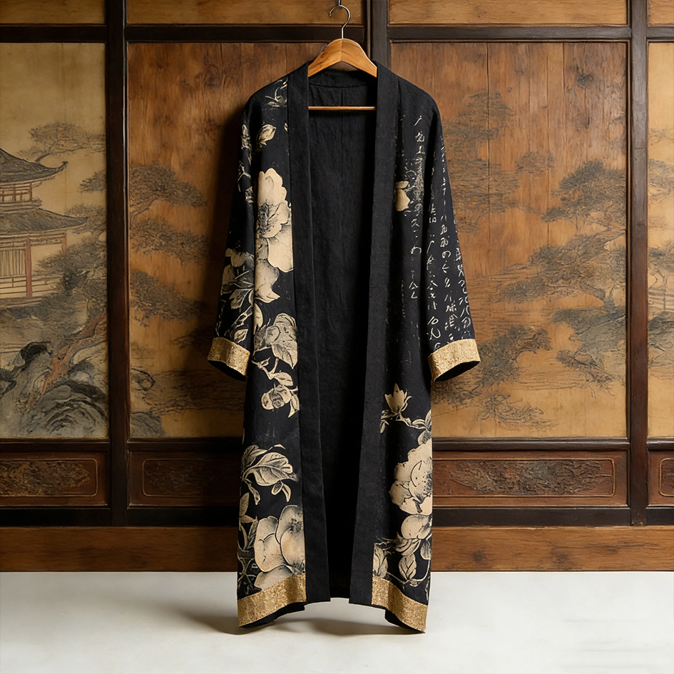 Japanese Art Retro Plants And Flowers Printed Long Cardigan elevenforest