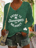 Comstylish Women's St. Patrick's Day Prone To Shenanigans And Malarkey Print V-neck Long Sleeve T-shirt