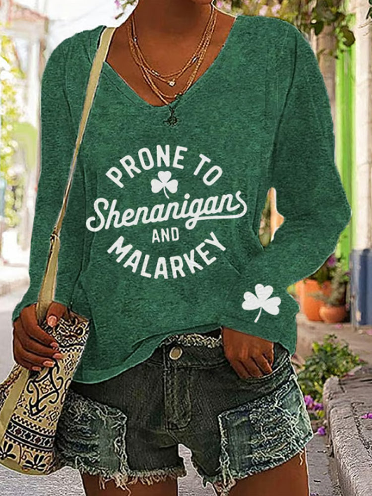 Comstylish Women's St. Patrick's Day Prone To Shenanigans And Malarkey Print V-neck Long Sleeve T-shirt