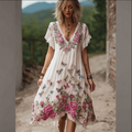 Bohemian Style Plant Flower And Butterfly Pattern Embroidery Women's Cotton And Linen Dress elevenforest