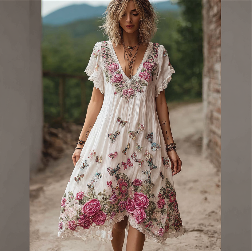 Bohemian Style Plant Flower And Butterfly Pattern Embroidery Women's Cotton And Linen Dress elevenforest