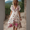 Bohemian Style Plant Flower And Butterfly Pattern Embroidery Women's Cotton And Linen Dress elevenforest