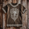 Men's Vintage Viking Wolf Print Cotton And Linen T-shirt elevenforest