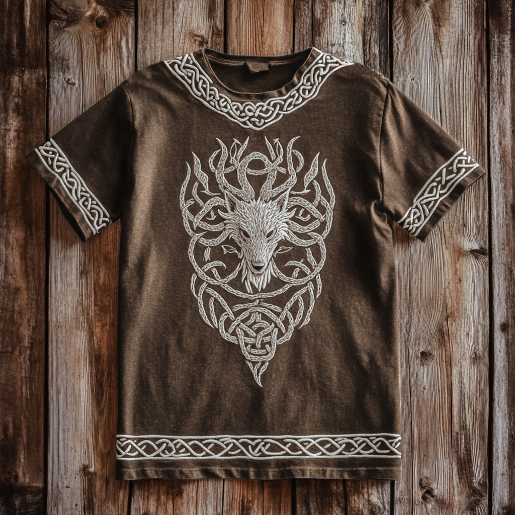 Men's Vintage Viking Wolf Print Cotton And Linen T-shirt elevenforest