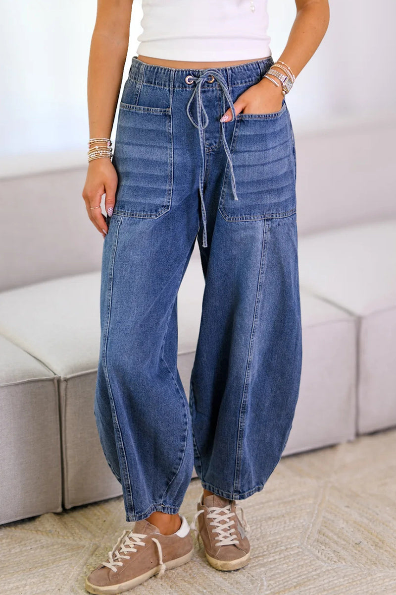 Distressed Pocket Lace Up Mid Waist Loose Denim Jeans