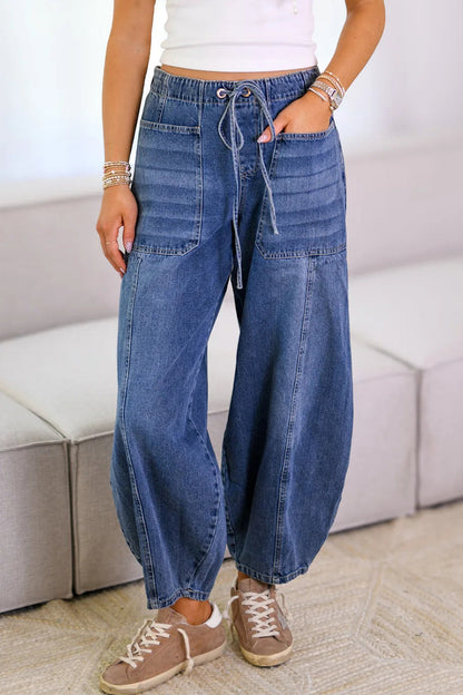Distressed Pocket Lace Up Mid Waist Loose Denim Jeans