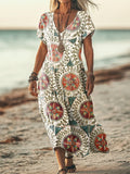 Women's Vintage Ethnic Floral Art Print Pocket Cotton Dress