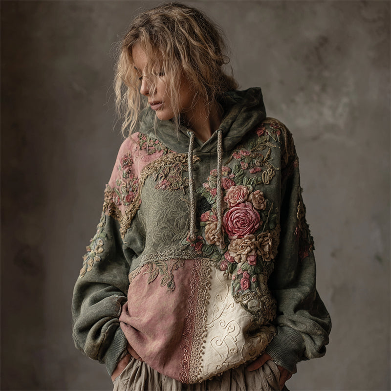 Vintage Pink Roses Floral Embroidered Patchwork Hoodie elevenforest