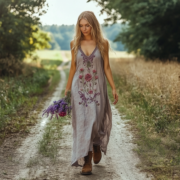Spring Girl Green Pastoral Style Retro Bohemian Resort Art Floral Embroidery Pattern Linen Tank Dress elevenforest