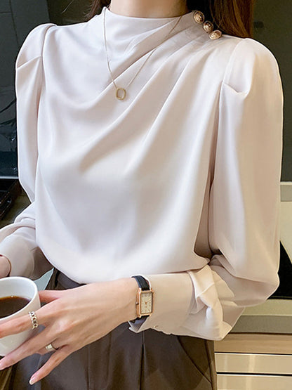 Loose Puff Sleeves Pleated Split-joint High Neck Blouses&shirts Tops