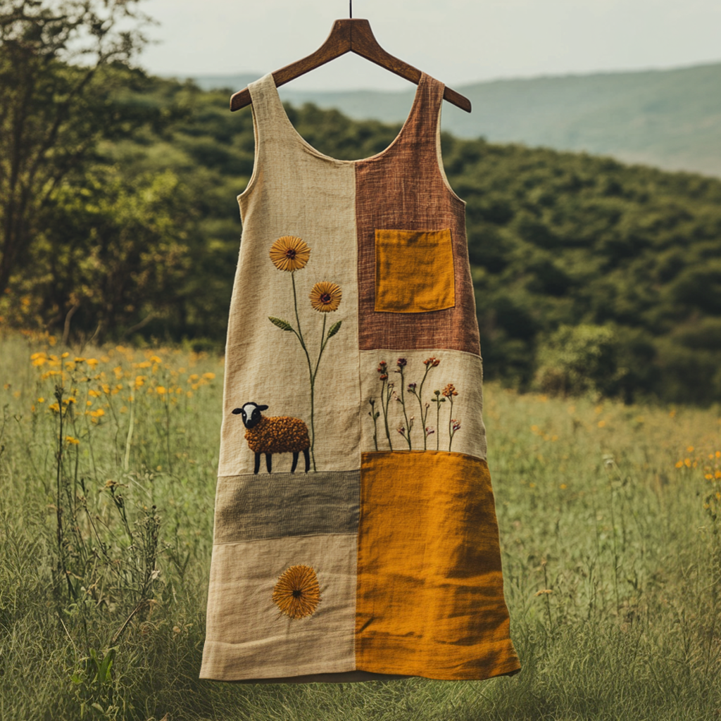 Women's Vintage Sheep Patchwork Print Linen Sleeveless Dress elevenforest