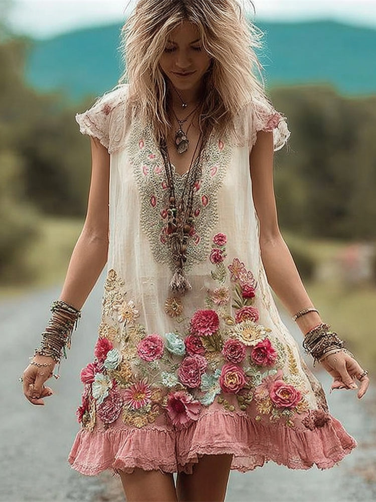 Boho Floral Art Embroidery Women's Linen Short Sleeve Mini Dress elevenforest