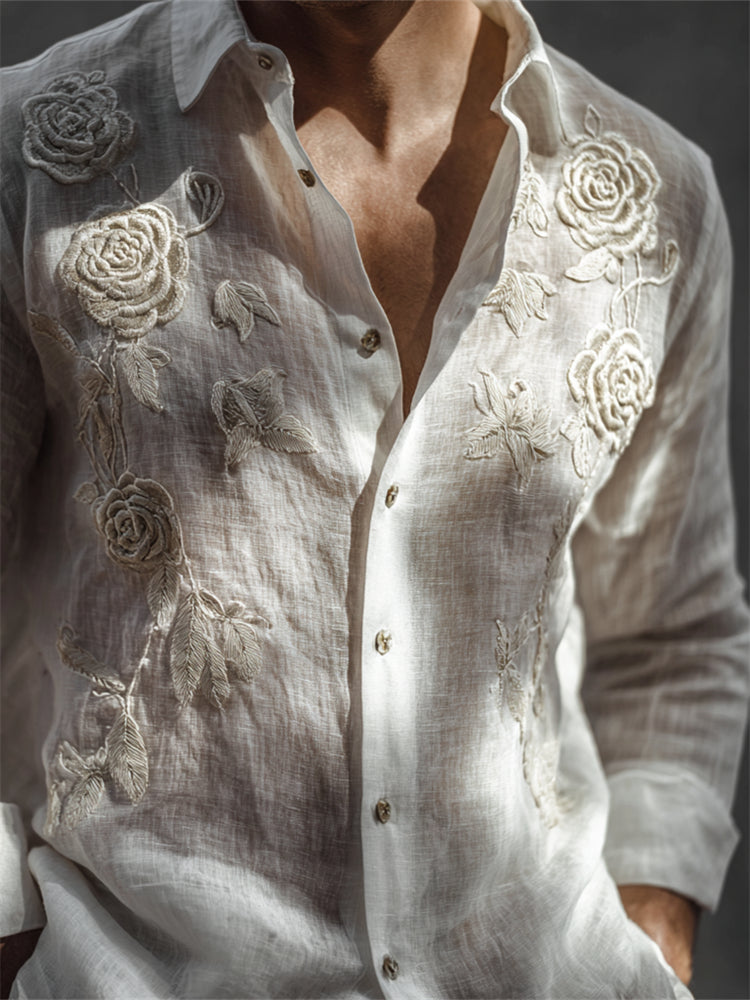 Men's Vintage White Roses Embroidered Linen Shirt elevenforest