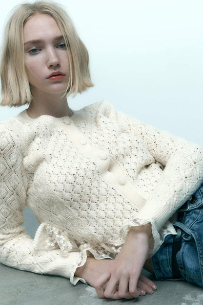 Cropped Knit Buttoned Lace Trim Cardigan White