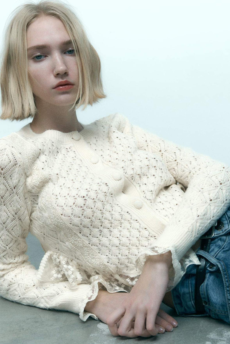Cropped Knit Buttoned Lace Trim Cardigan White