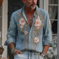 Men's Vintage Rose Floral Embroidered Comfort Linen Shirt elevenforest