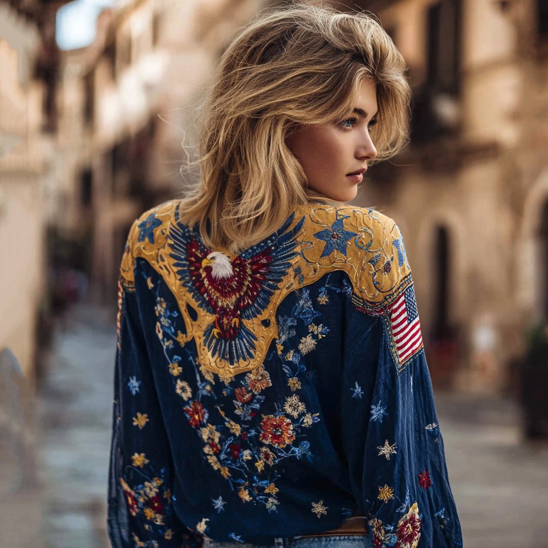 Women's Vintage Floral And Bald Eagle Embroidered V-neck Shirt elevenforest