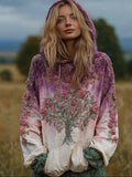Ladies' Vintage Hooded Sweater With Plant Embroidery And Tie-dye elevenforest