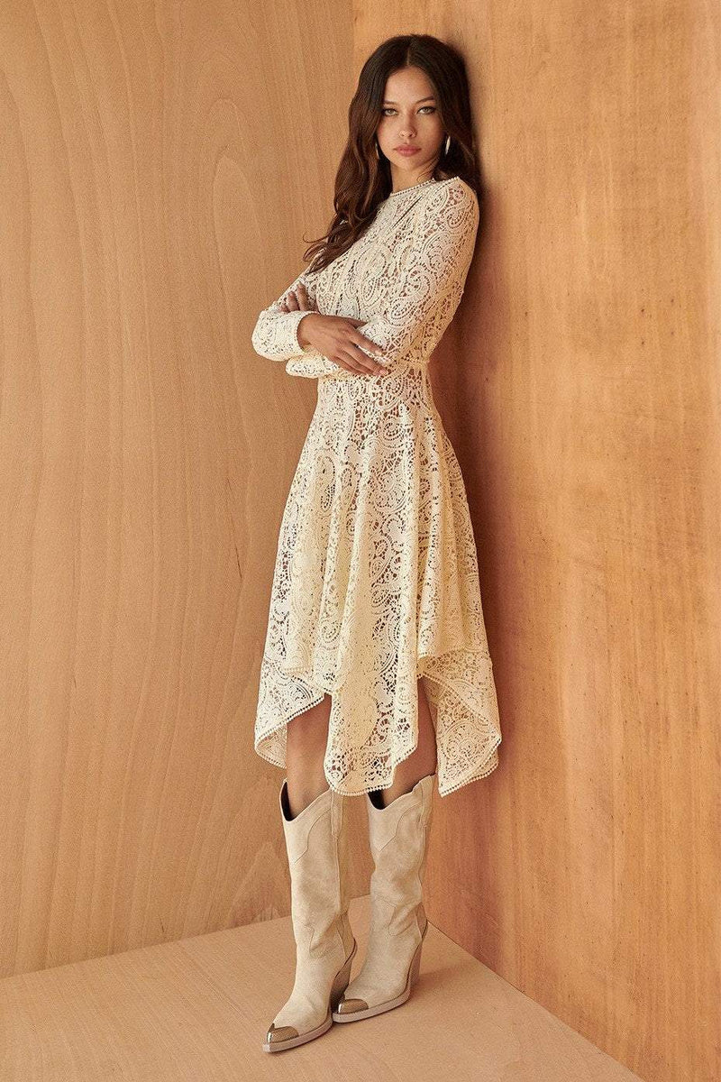 Lace Cut-out Long Sleeve Midi Dress