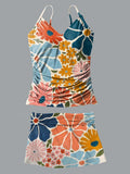 V-Neck Colorful Abstract Floral Daisy Art Print Suspender Skirt Tankini Pantskirt Set Swimsuit