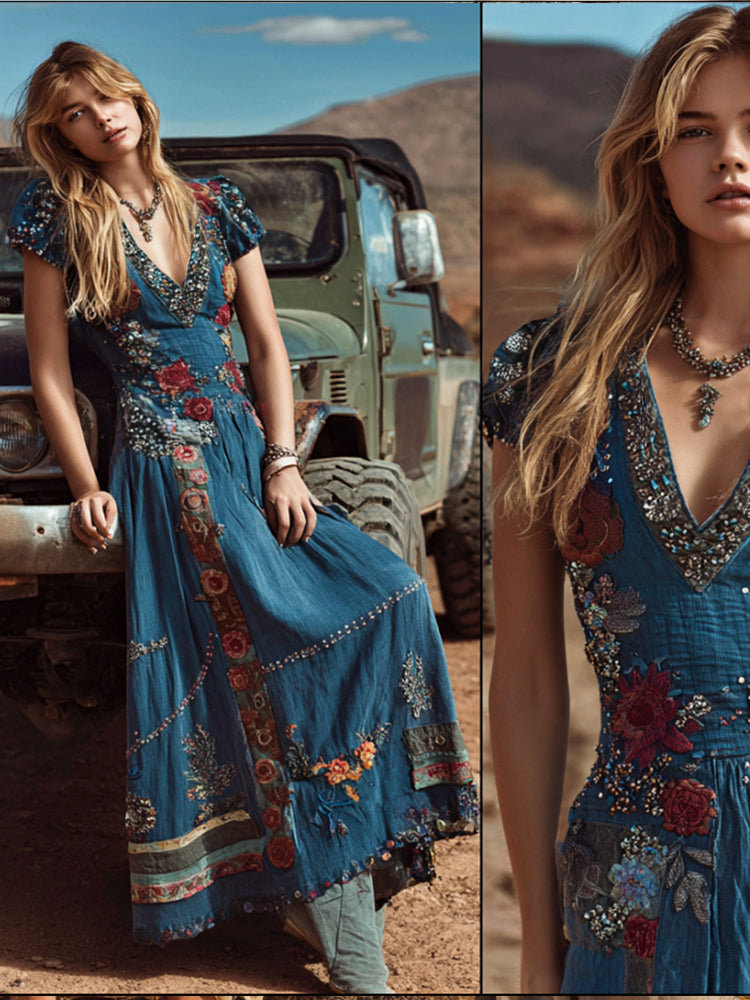 Bohemian Western Style Desert Flower Three-dimensional Embroidery Vintage Embroidery Denim Blue V-neck Short-sleeved Long Dress elevenforest