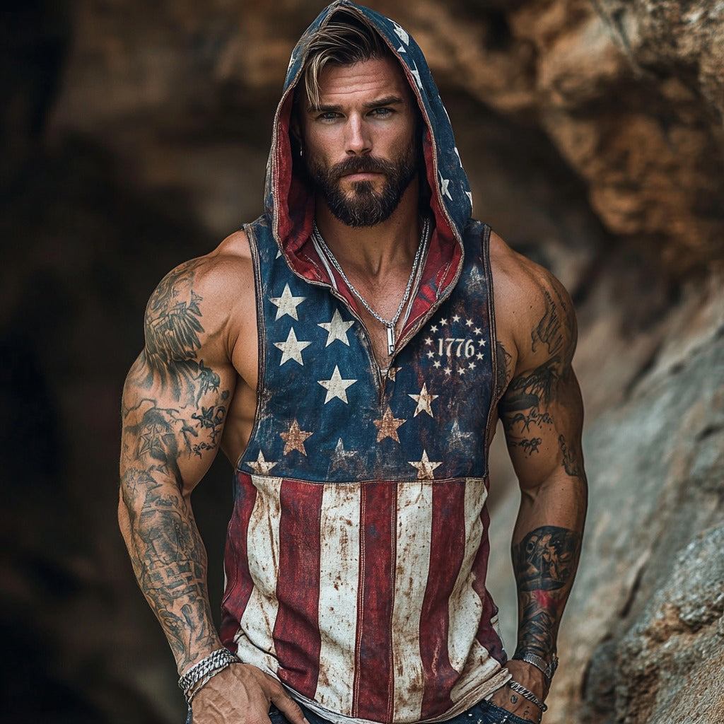 Independence Day Flag Inspired Linen Blend Hooded Tank Top elevenforest