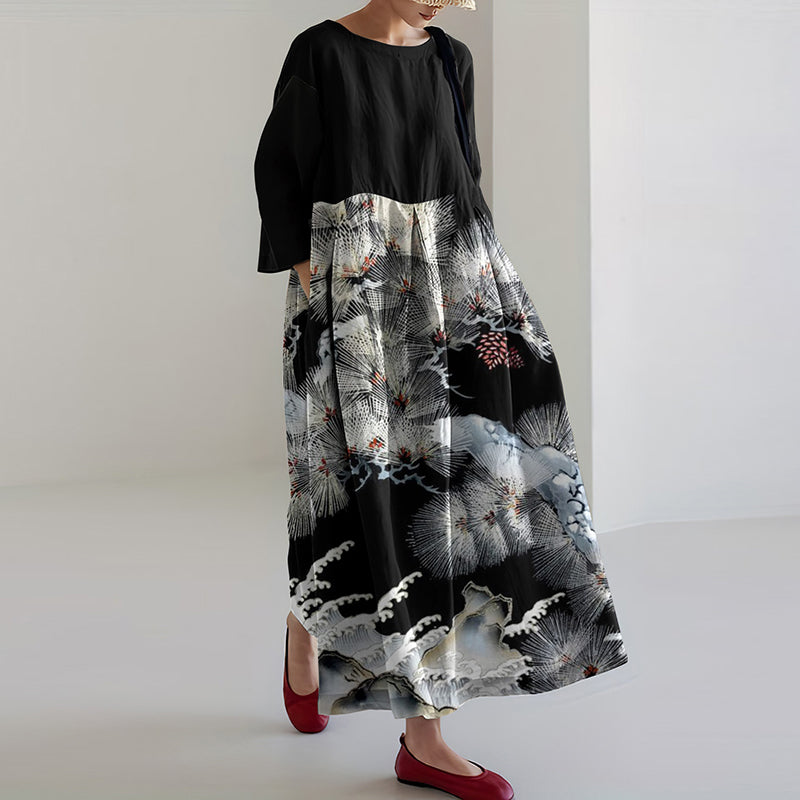 Women Japanese Art Crane Pine Linen Blend Maxi Dress elevenforest