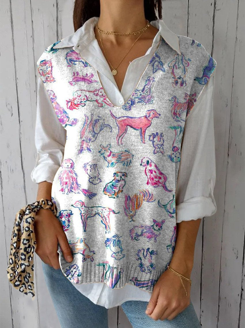 Women's Lovely Dogs Art Print Versatile Knitted Vest
