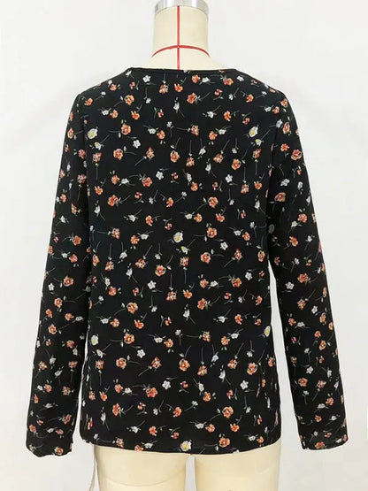 Long Sleeves Loose Flower Print Round-neck Blouses&shirts Tops