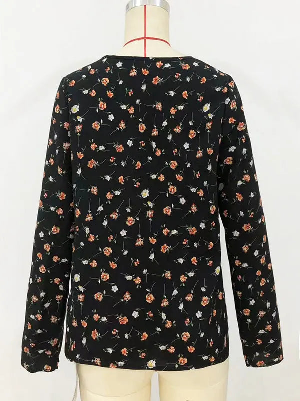Long Sleeves Loose Flower Print Round-neck Blouses&shirts Tops