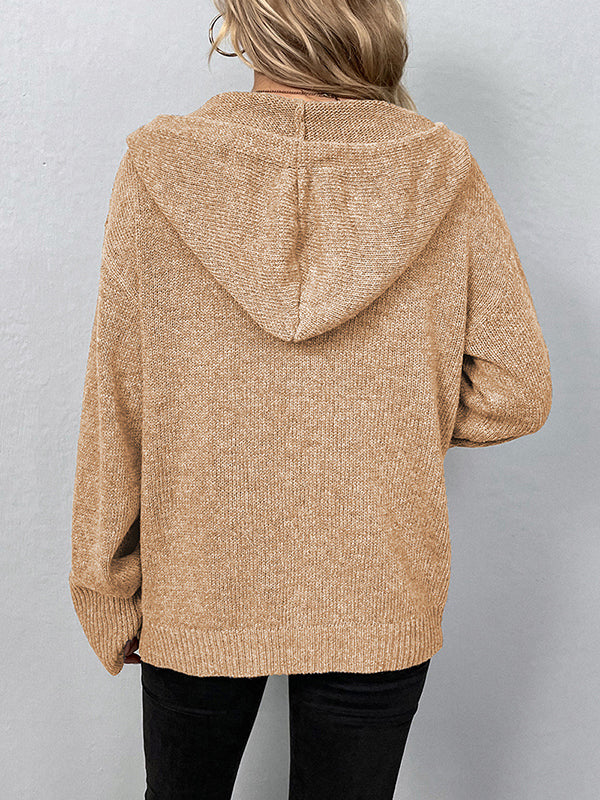 Wrap Buttoned Hooded Color Cardigan