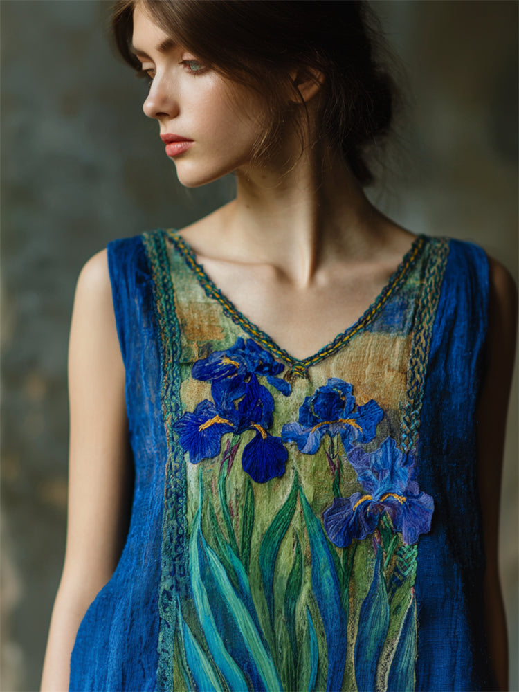 Oil Painting Irises Embroidered Patchwork Linen Tank Top elevenforest
