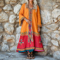 Women's Flower Embroidery Ethnic Print V-neck Loose Midi Dress elevenforest