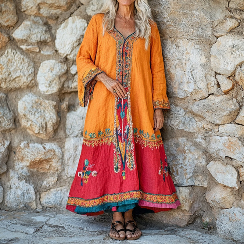 Women's Flower Embroidery Ethnic Print V-neck Loose Midi Dress elevenforest