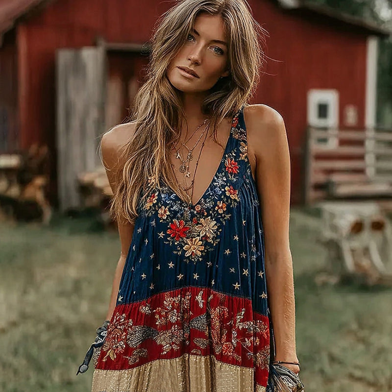 Vintage Independence Day Floral Patchwork Print V Neck Linen Tank Top elevenforest